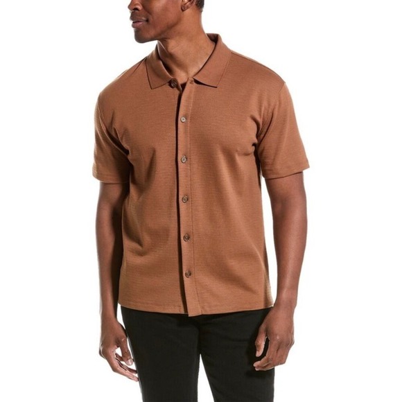 Vince Other - Vince Jacquard Short Sleeve Button-Up polo Shirt top Size L caramel tan neutral
